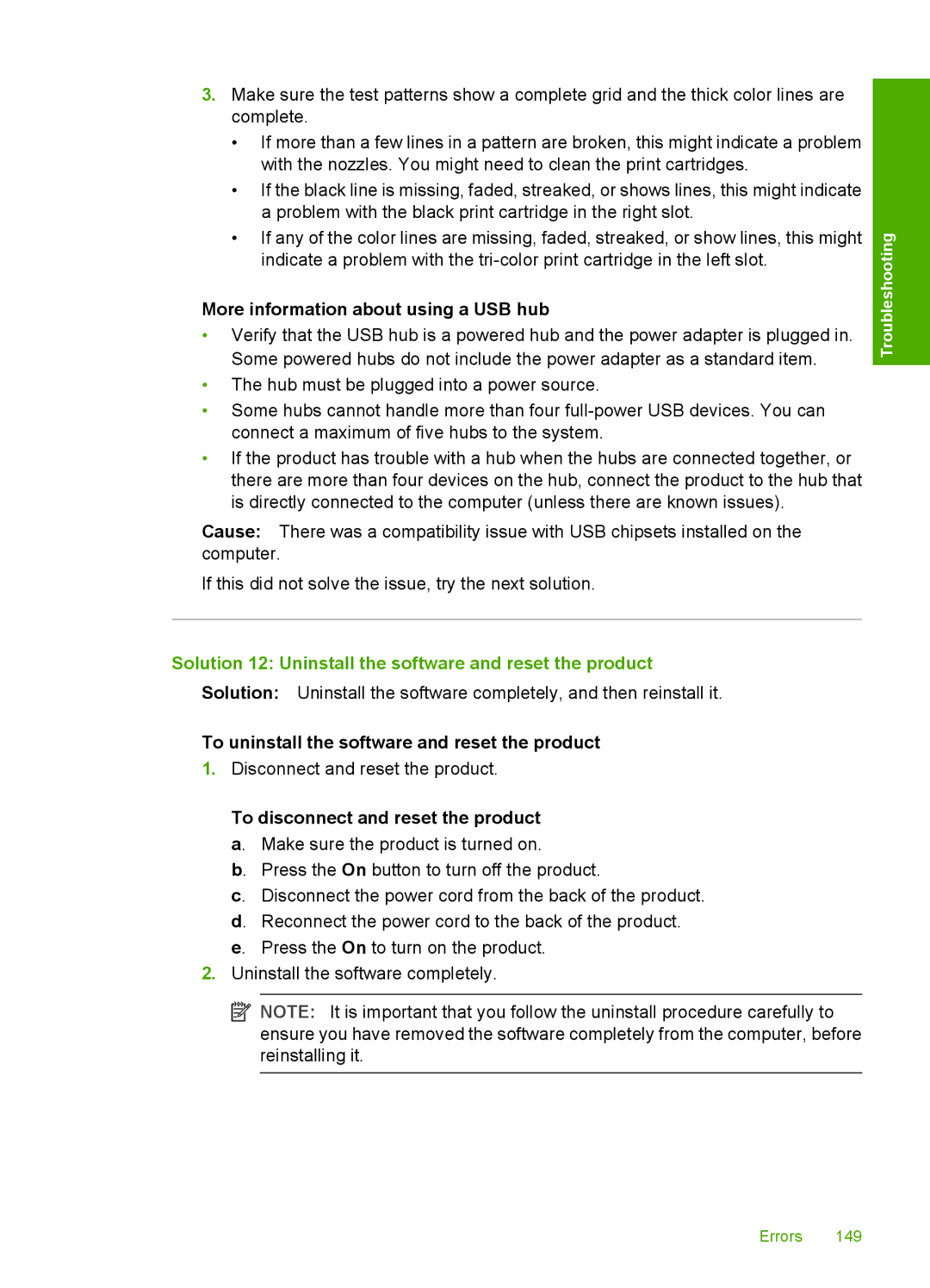 HP F2200 manual More information about using a USB hub, Solution 12 Uninstall the software and reset the product 