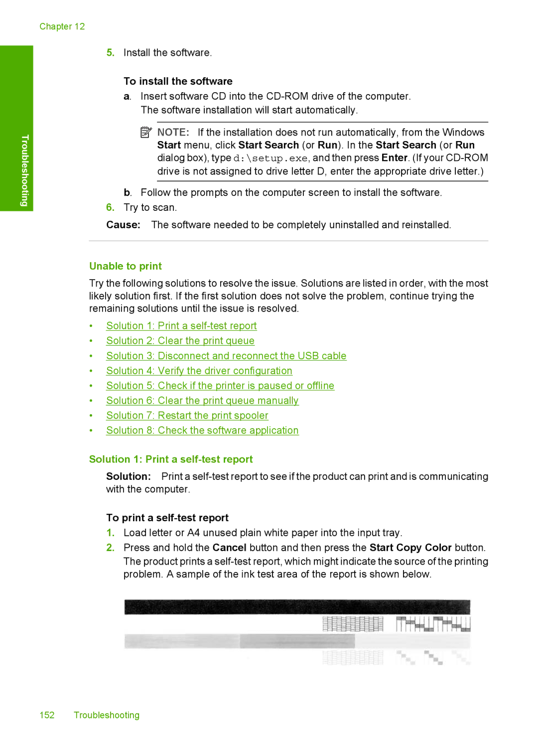 HP F2200 manual To install the software, Unable to print, Solution 1 Print a self-test report 