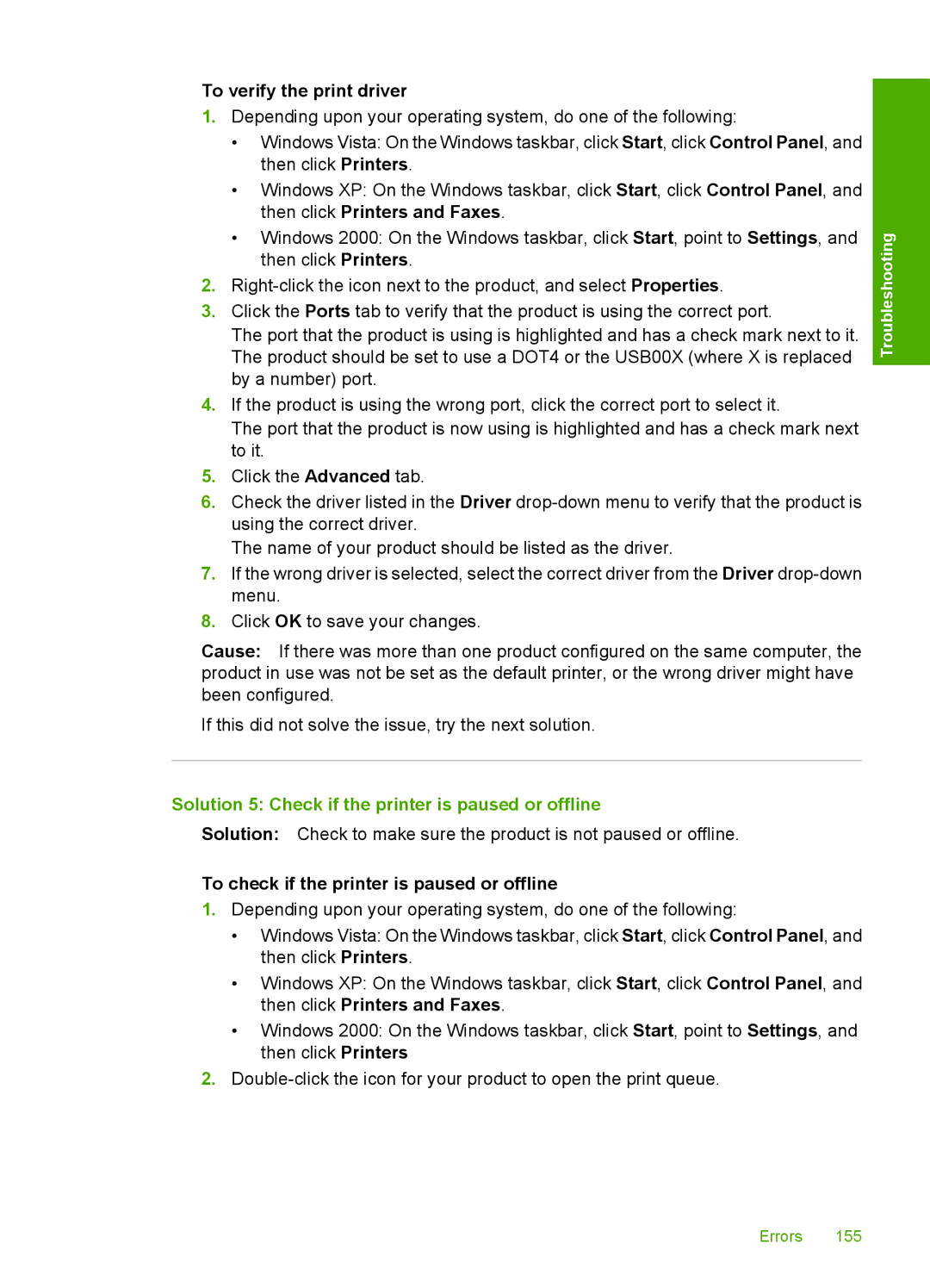 HP F2200 manual To verify the print driver, Solution 5 Check if the printer is paused or offline 