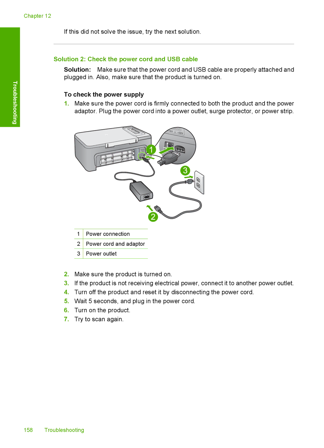 HP F2200 manual Solution 2 Check the power cord and USB cable, To check the power supply 