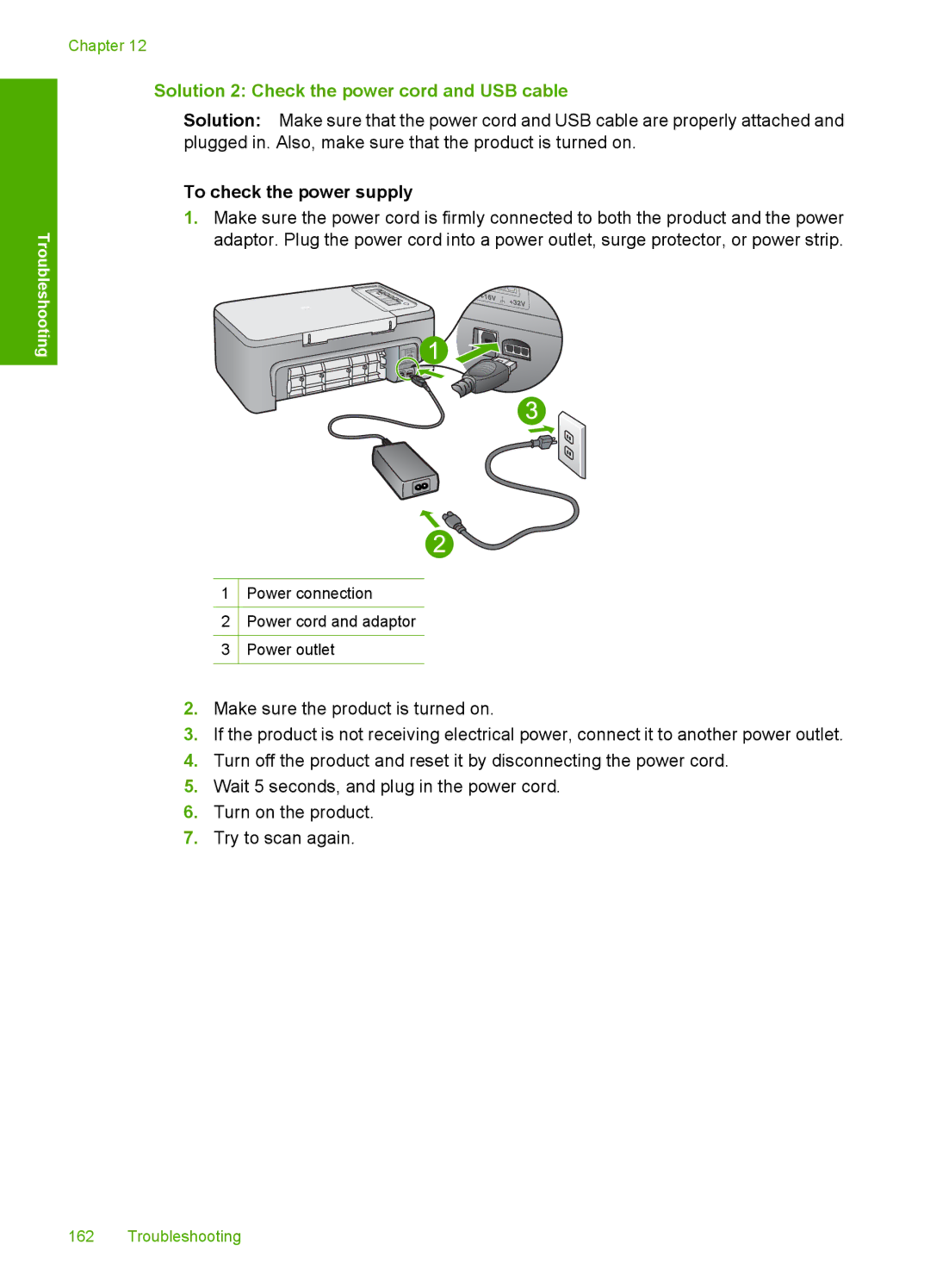 HP F2200 manual Solution 2 Check the power cord and USB cable 