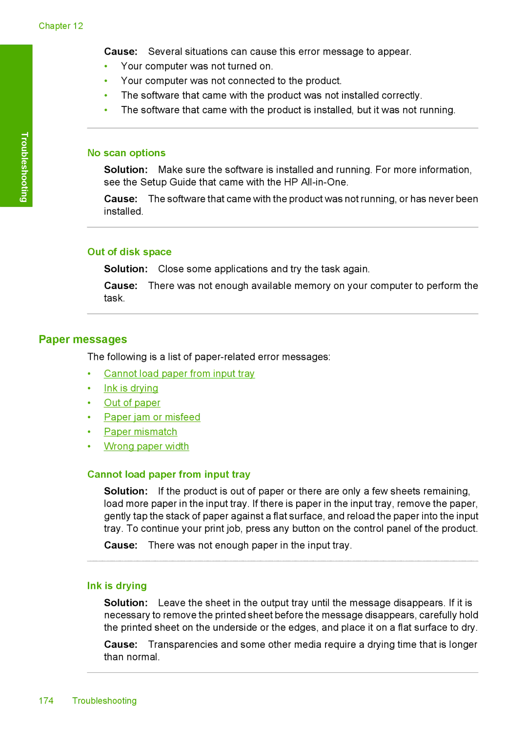 HP F2200 manual Paper messages, No scan options, Out of disk space, Cannot load paper from input tray, Ink is drying 