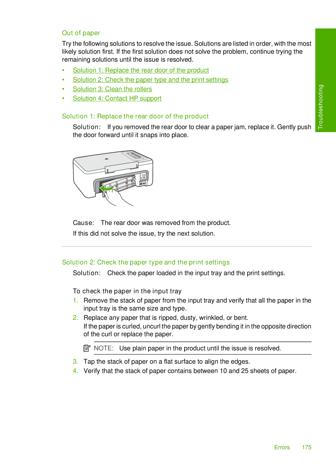 HP F2200 manual Out of paper, Solution 1 Replace the rear door of the product, To check the paper in the input tray 