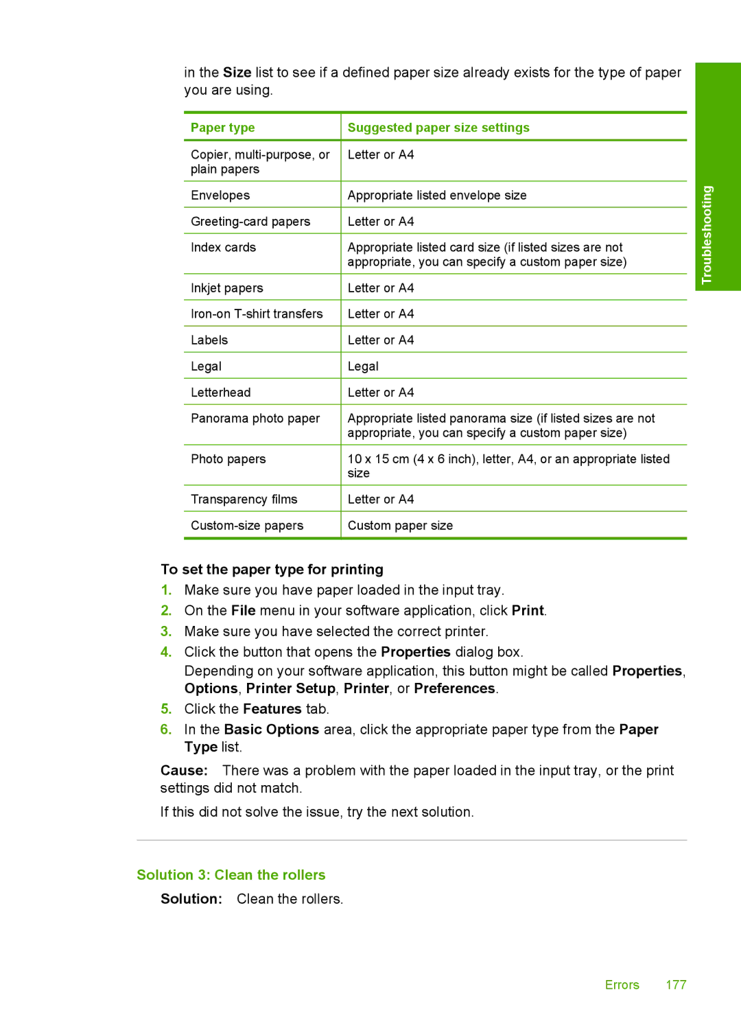 HP F2200 manual Solution 3 Clean the rollers, Letter or A4 Appropriate listed envelope size 