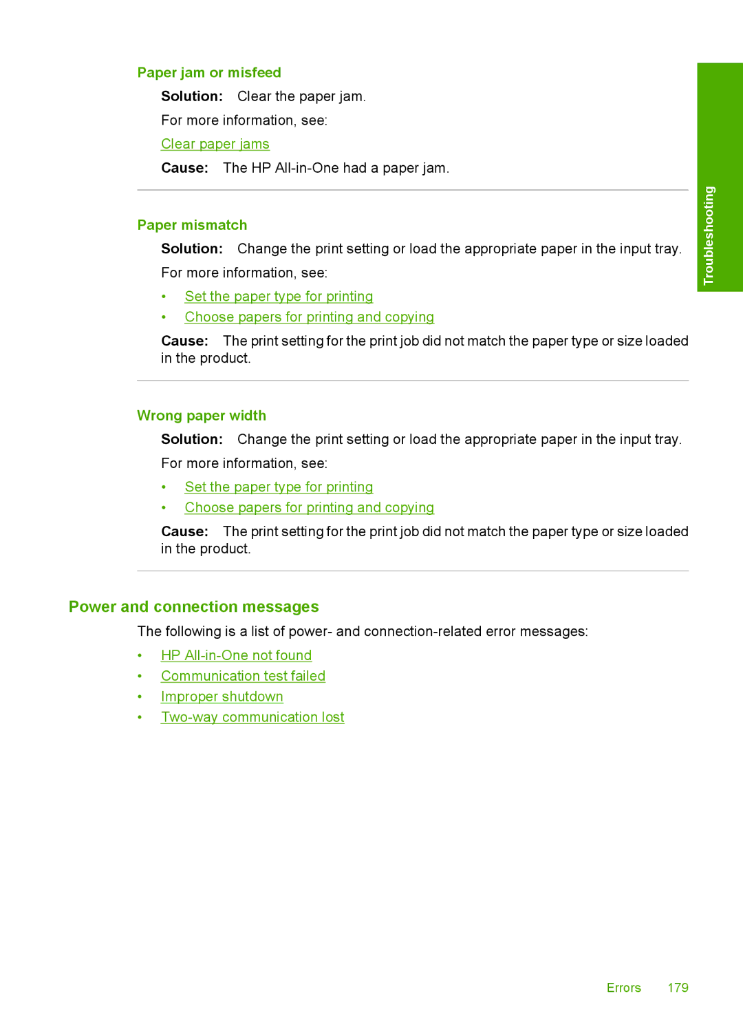 HP F2200 manual Power and connection messages, Paper jam or misfeed, Paper mismatch, Wrong paper width 