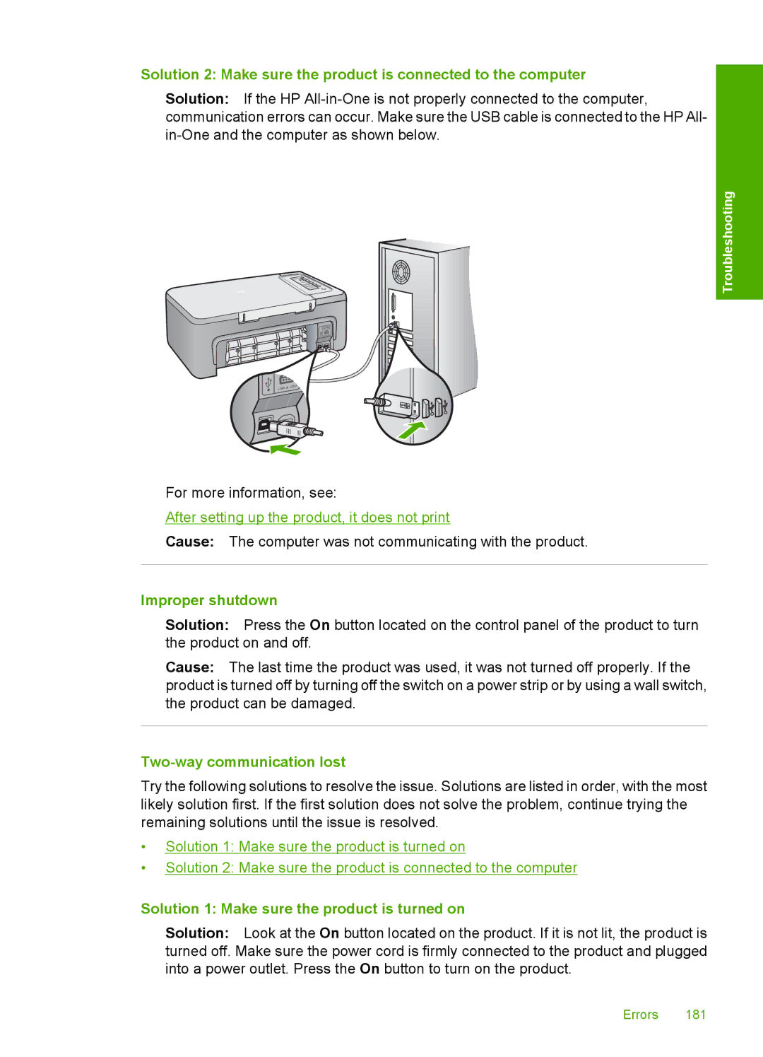 HP F2200 manual Improper shutdown, Two-way communication lost 