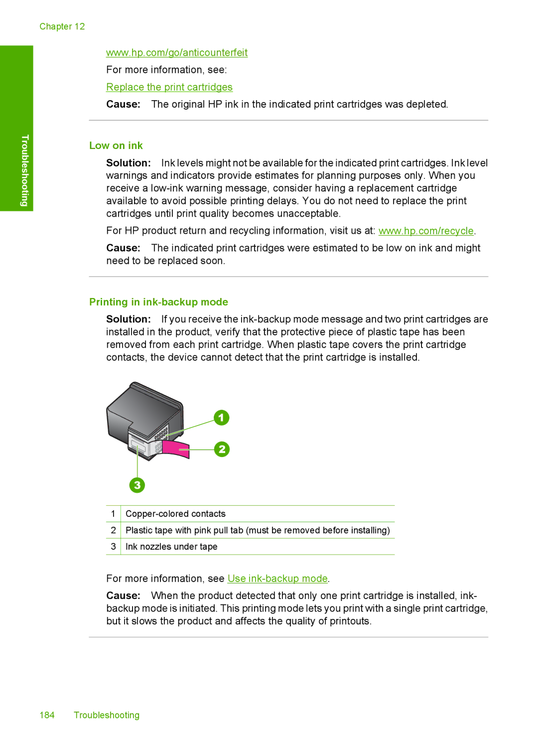 HP F2200 manual Low on ink, Printing in ink-backup mode 