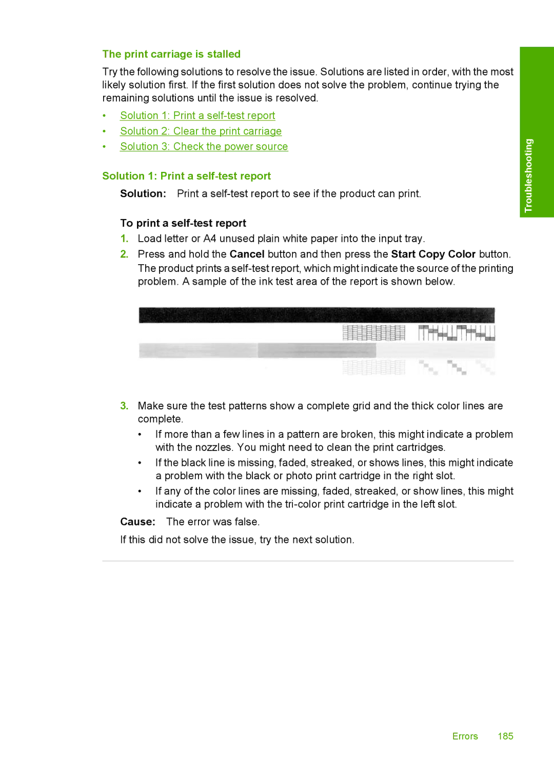 HP F2200 manual Print carriage is stalled, Solution 1 Print a self-test report 