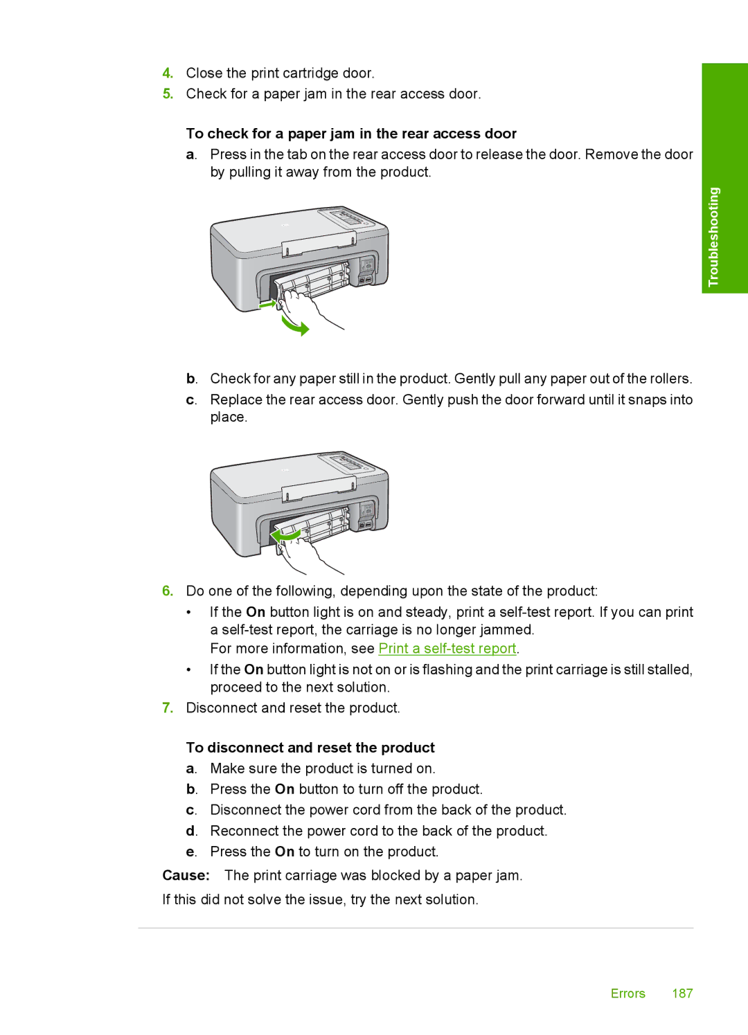 HP F2200 manual To check for a paper jam in the rear access door 