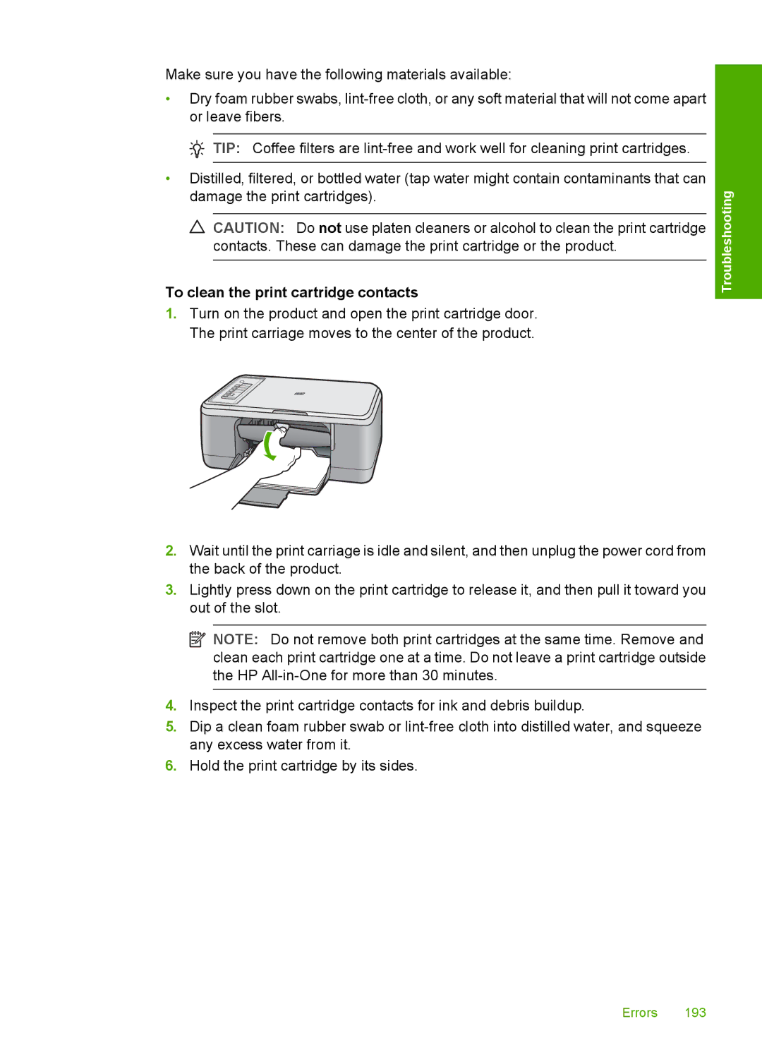 HP F2200 manual To clean the print cartridge contacts 