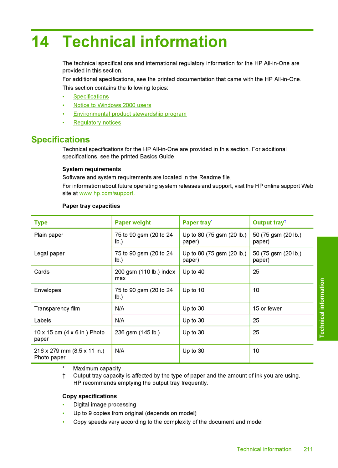 HP F2200 manual Technical information, Specifications 