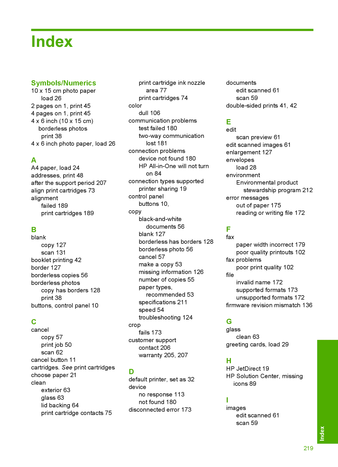 HP F2200 manual Index, Symbols/Numerics 