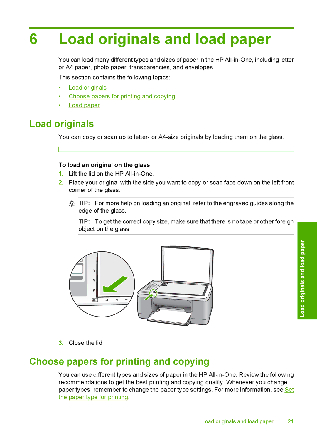 HP F2200 manual Load originals and load paper, Choose papers for printing and copying, To load an original on the glass 