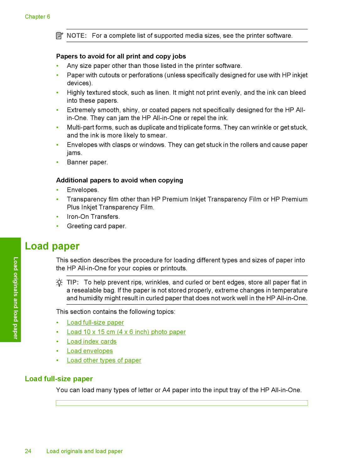 HP F2200 manual Load paper, Load full-size paper, Papers to avoid for all print and copy jobs 