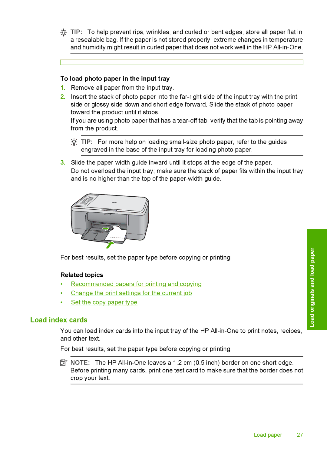 HP F2200 manual Load index cards, To load photo paper in the input tray, Related topics 