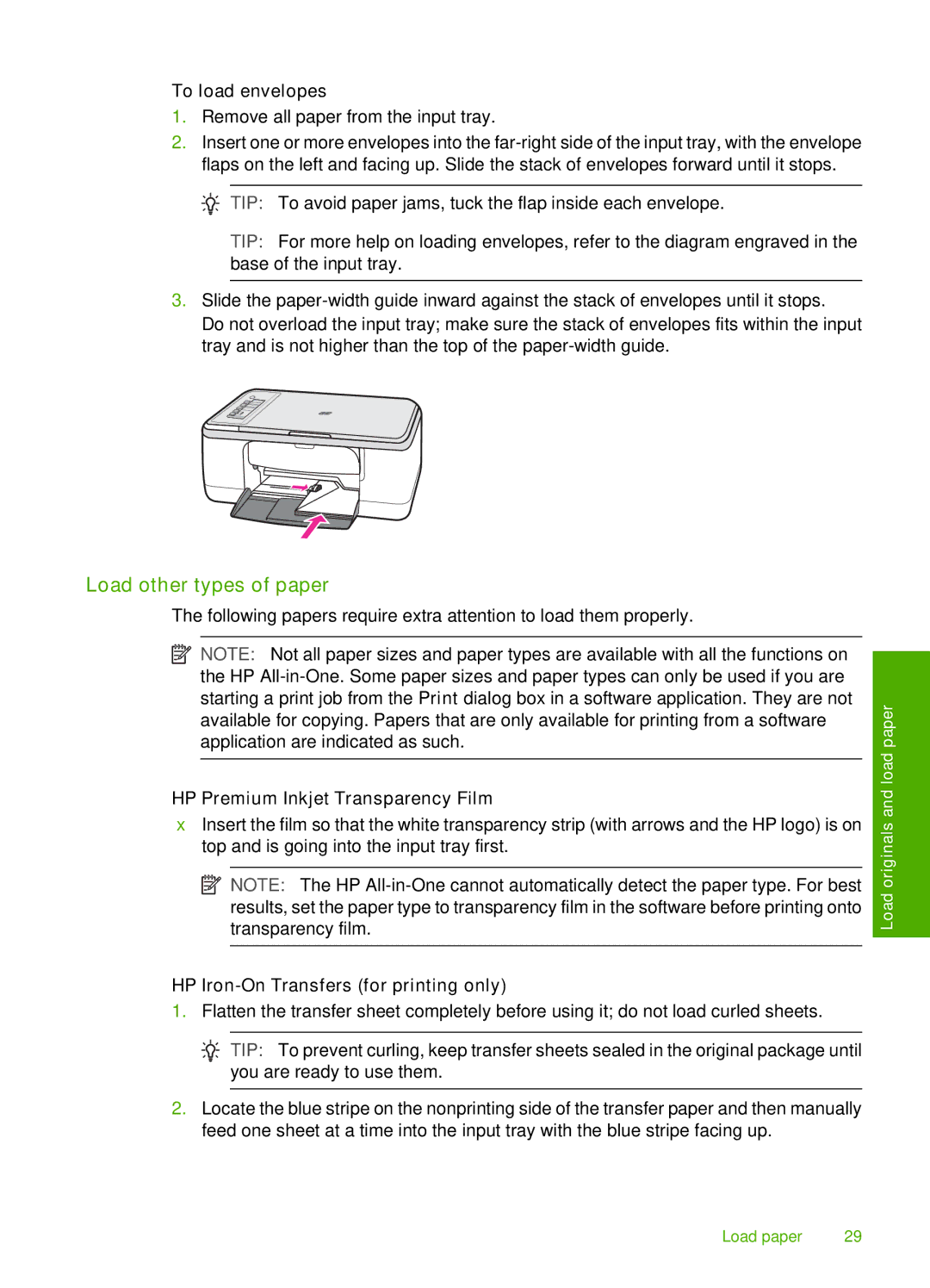 HP F2200 manual Load other types of paper, To load envelopes, HP Iron-On Transfers for printing only 