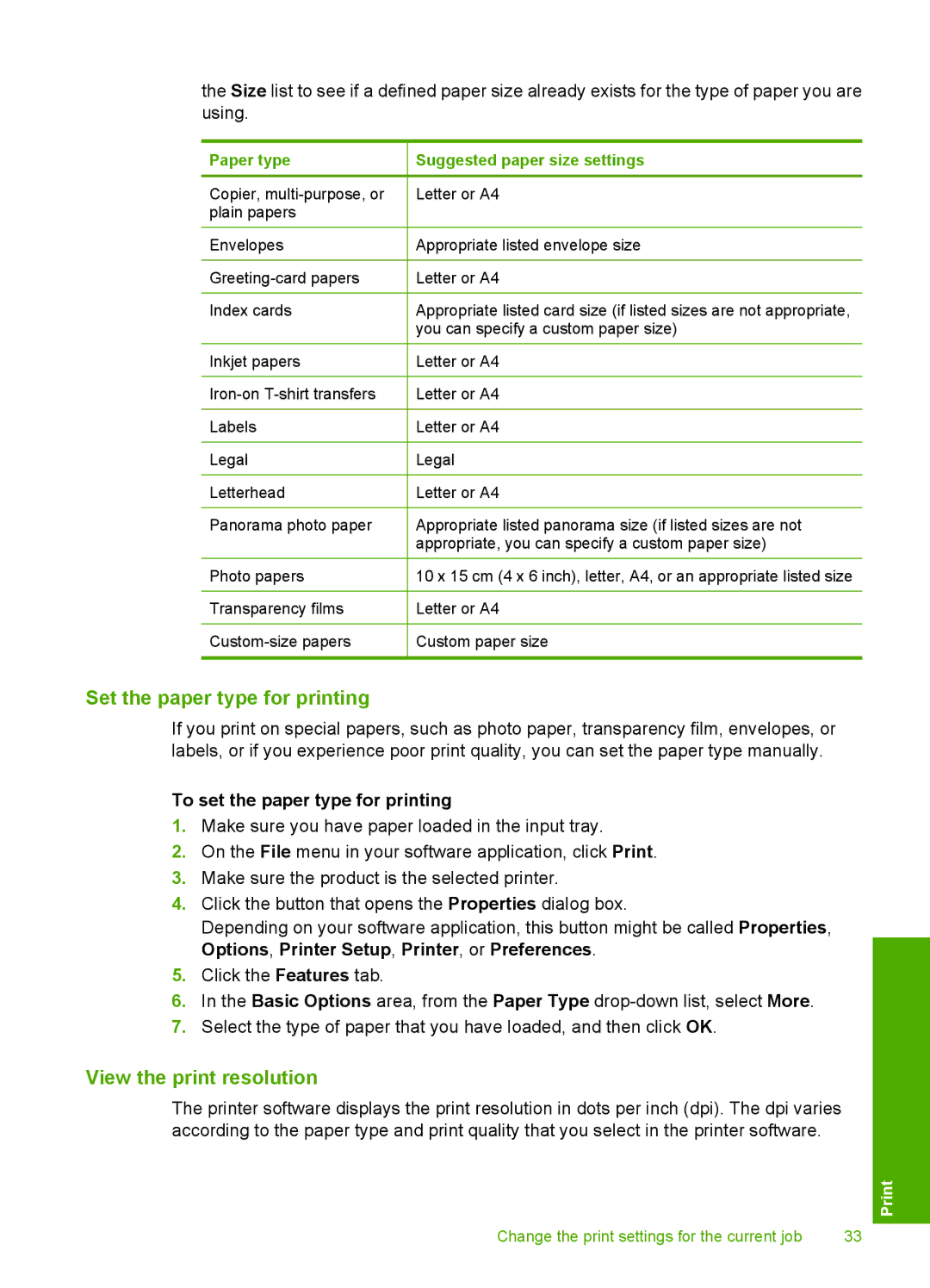 HP F2200 manual Set the paper type for printing, View the print resolution, To set the paper type for printing 