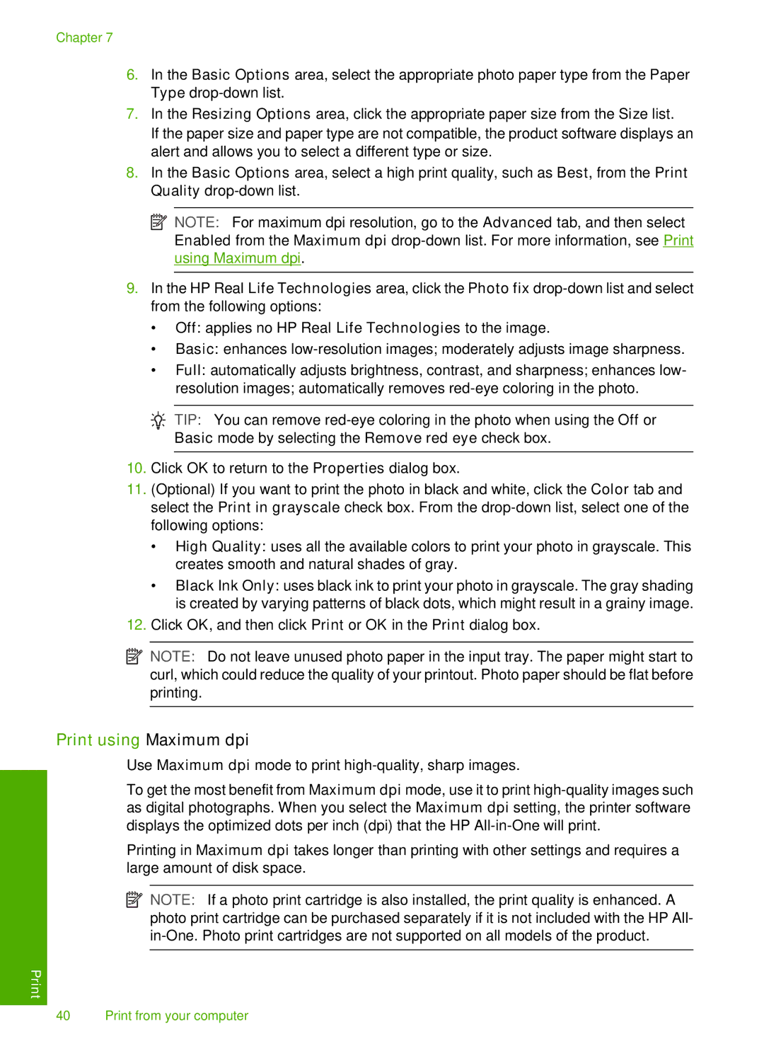 HP F2200 manual Print using Maximum dpi, Off applies no HP Real Life Technologies to the image 