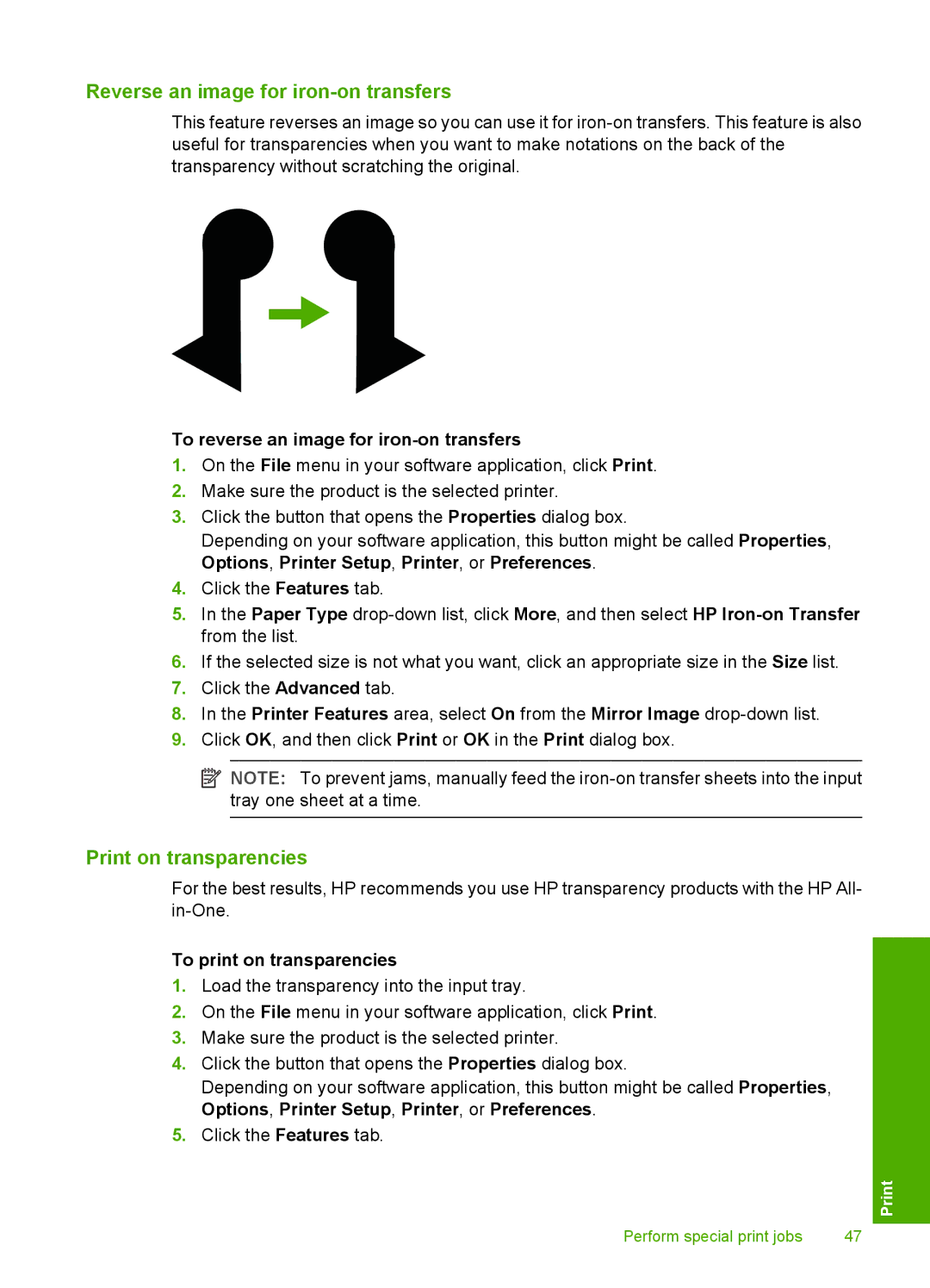 HP F2200 manual Reverse an image for iron-on transfers, Print on transparencies, To reverse an image for iron-on transfers 