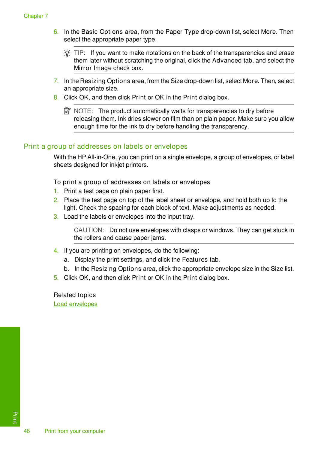 HP F2200 manual Print a group of addresses on labels or envelopes, To print a group of addresses on labels or envelopes 