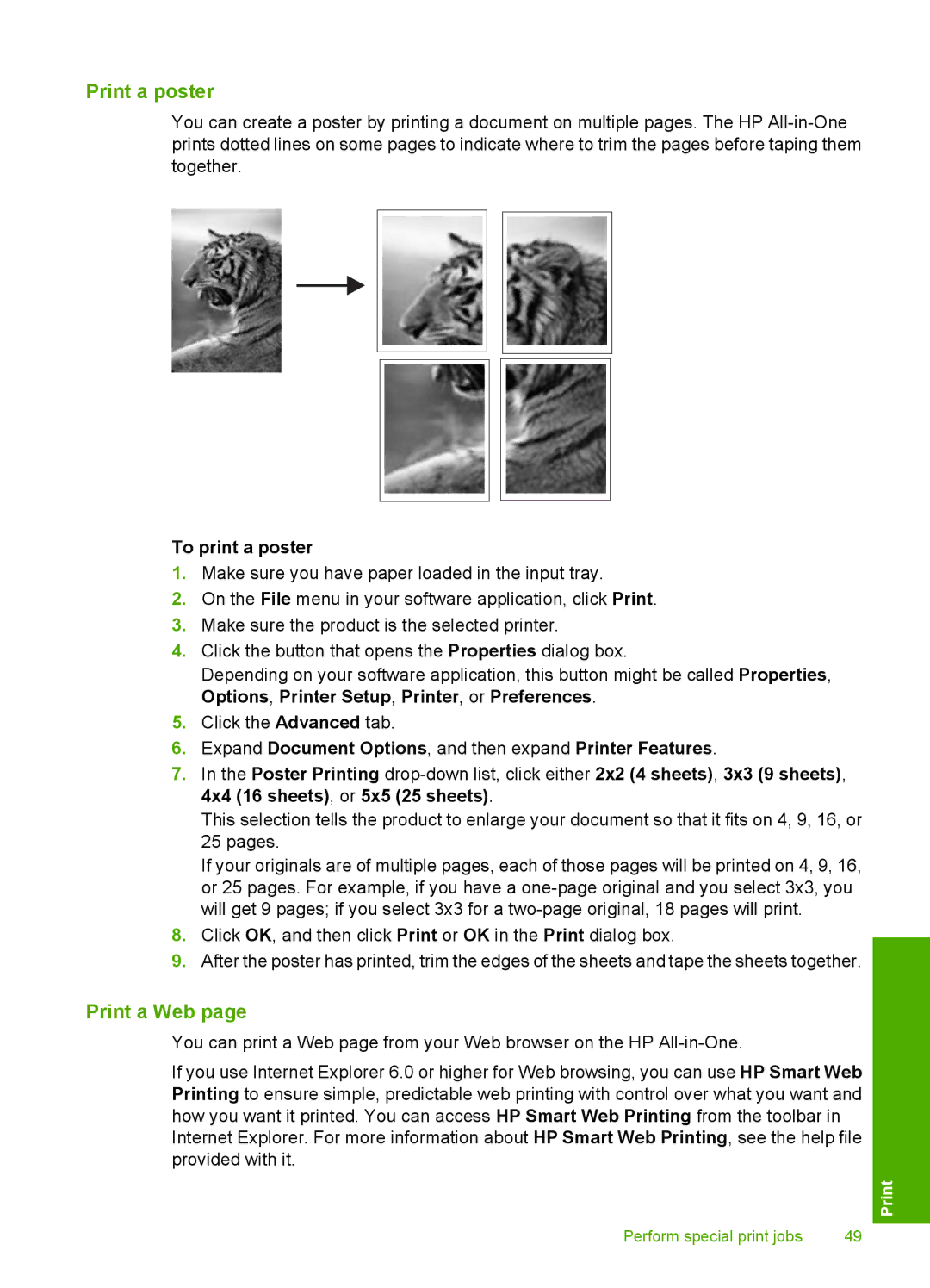 HP F2200 manual Print a poster, Print a Web, To print a poster, Expand Document Options, and then expand Printer Features 