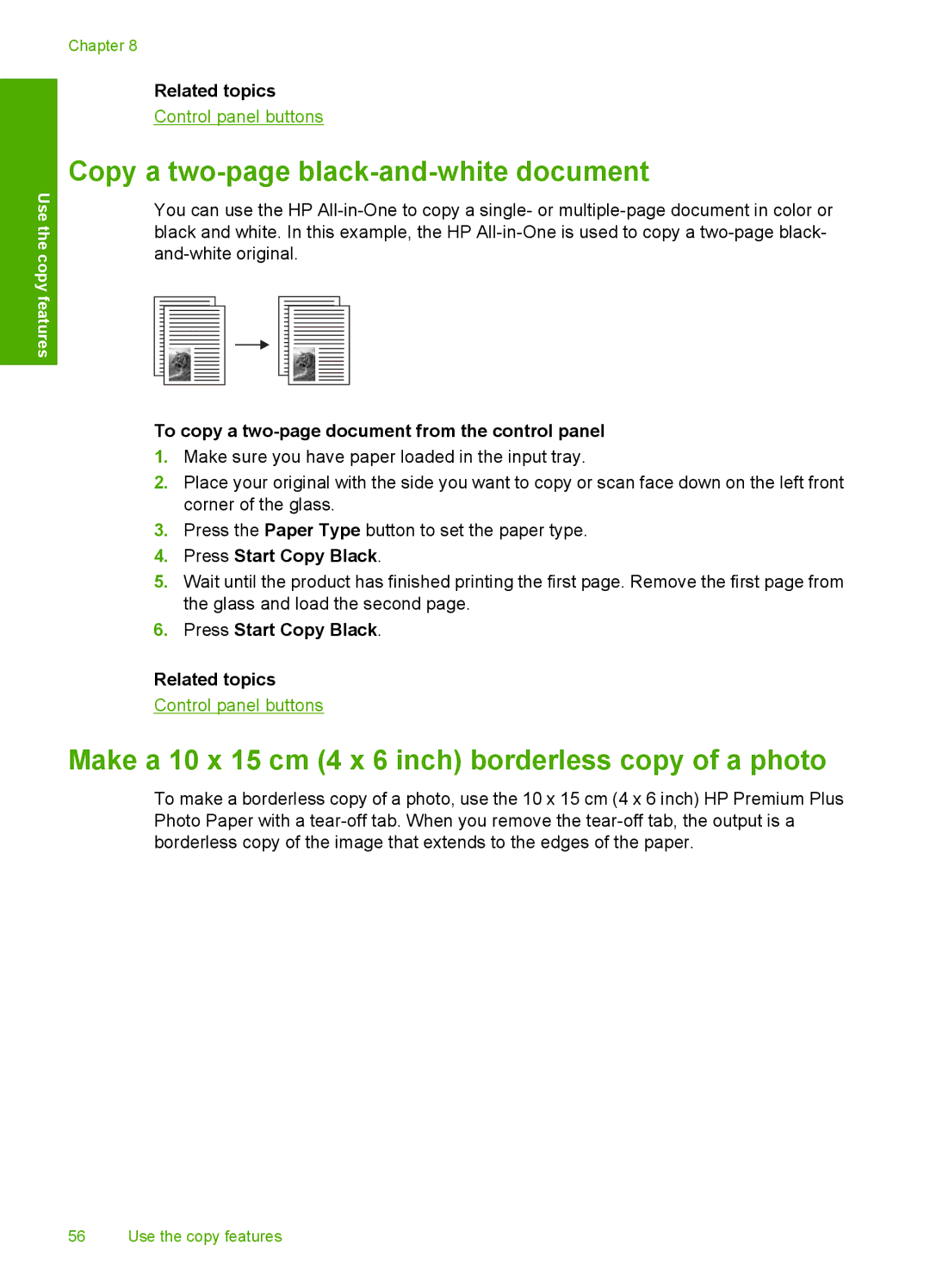 HP F2200 manual Copy a two-page black-and-white document, Make a 10 x 15 cm 4 x 6 inch borderless copy of a photo 