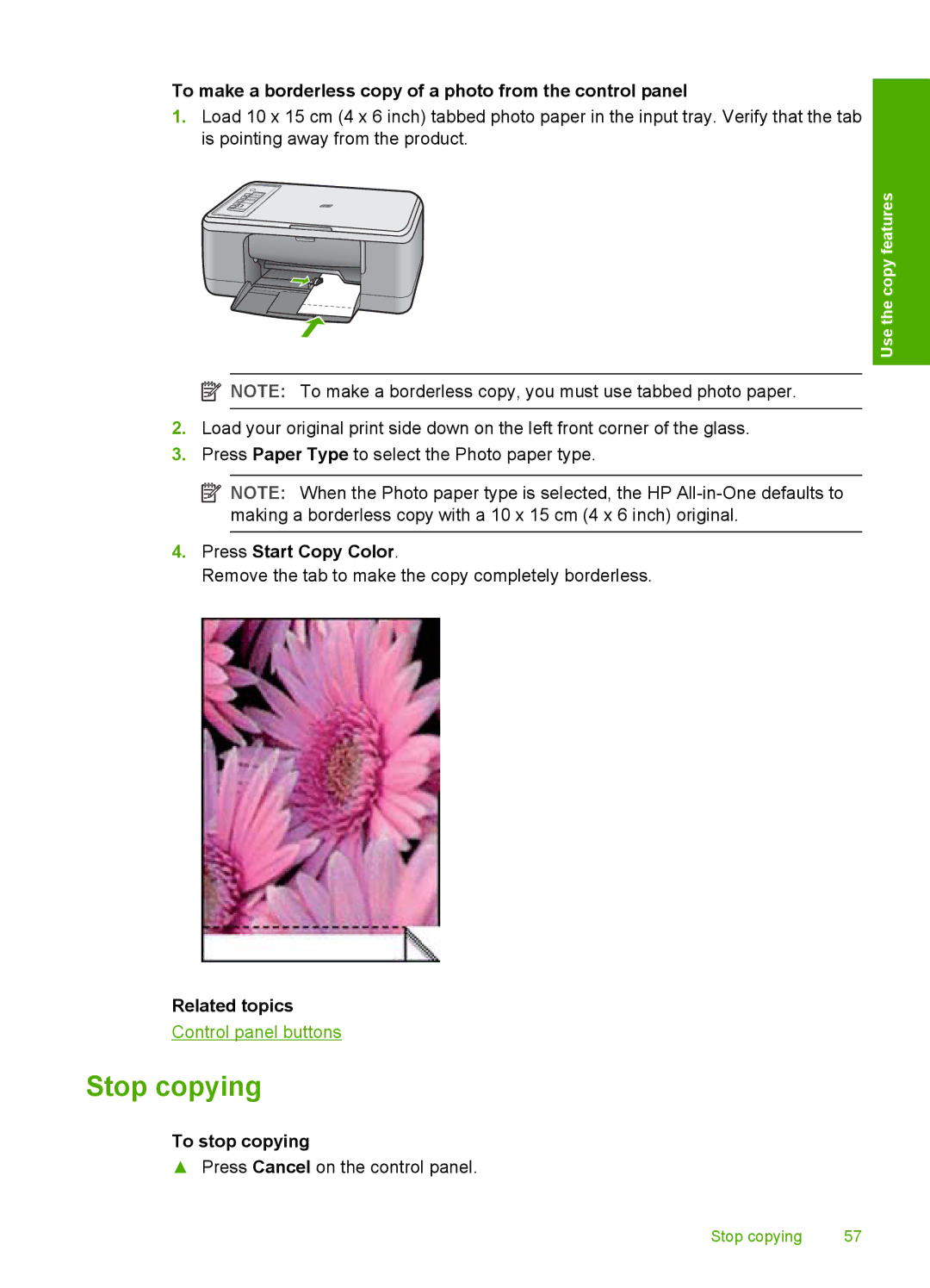 HP F2200 manual Stop copying, To make a borderless copy of a photo from the control panel, Press Start Copy Color 