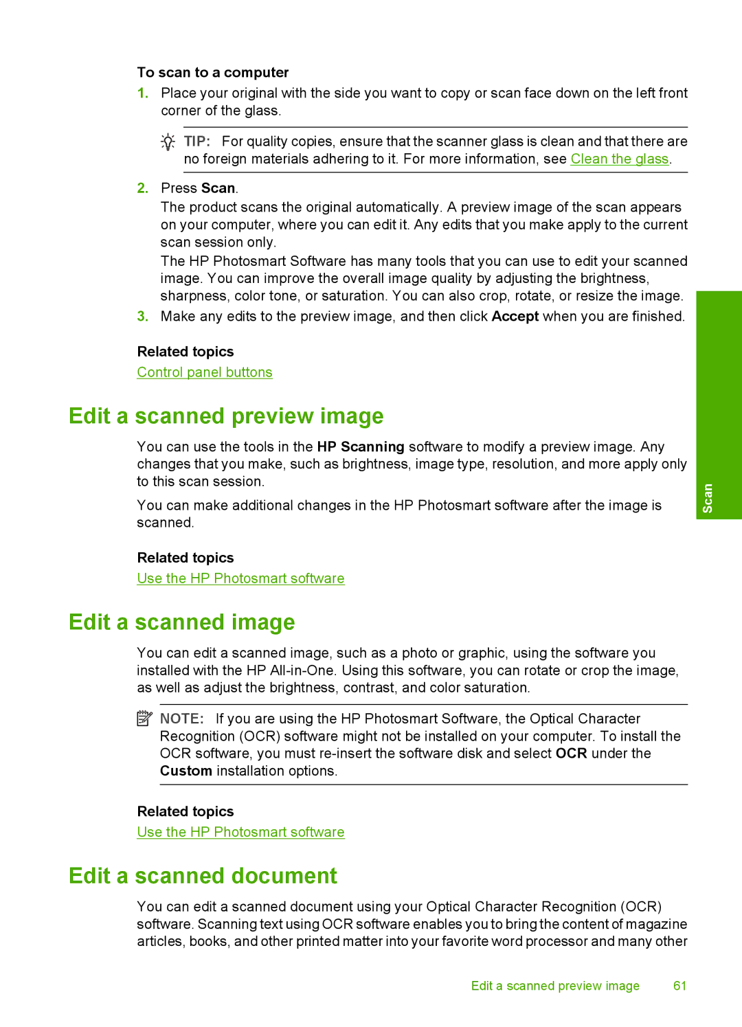 HP F2200 manual Edit a scanned preview image, Edit a scanned image, Edit a scanned document, To scan to a computer 