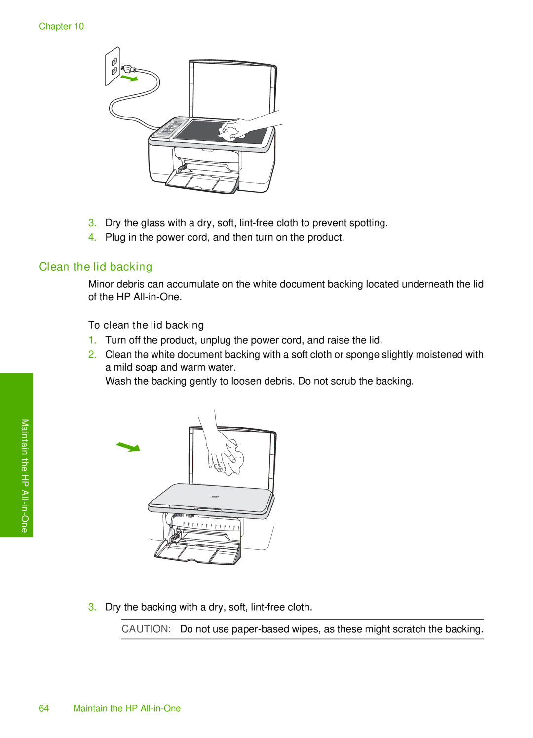 HP F2200 manual Clean the lid backing, To clean the lid backing 