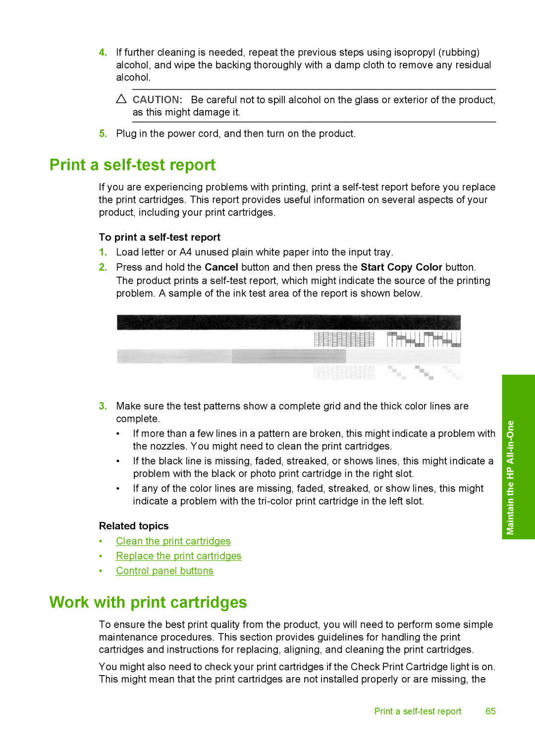 HP F2200 manual Print a self-test report, Work with print cartridges, To print a self-test report 