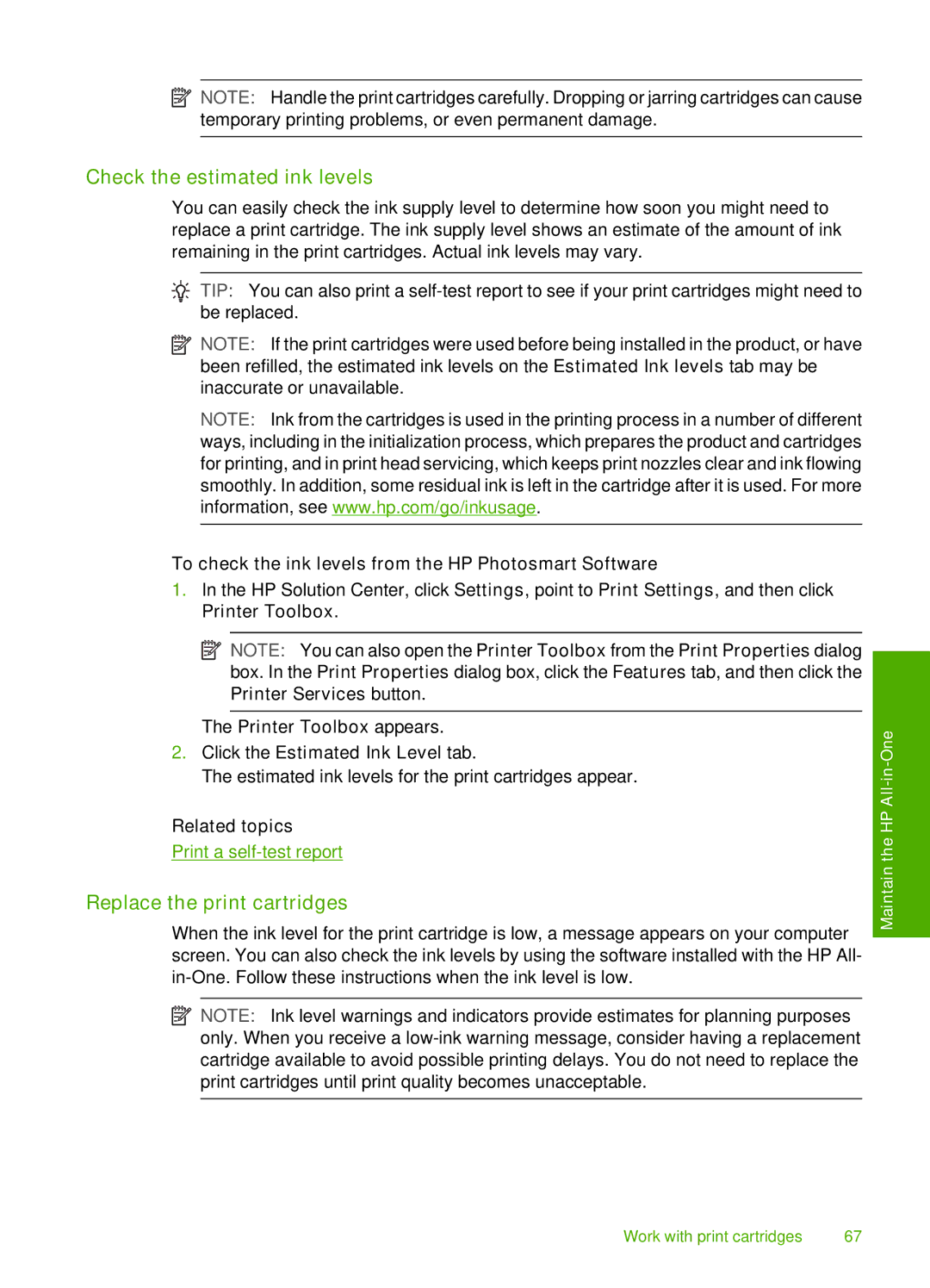 HP F2200 manual Check the estimated ink levels, Replace the print cartridges 