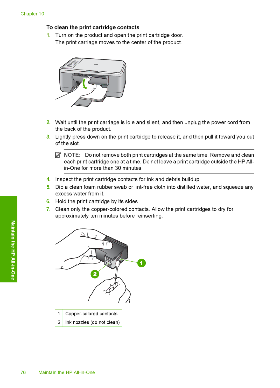 HP F2200 manual To clean the print cartridge contacts 