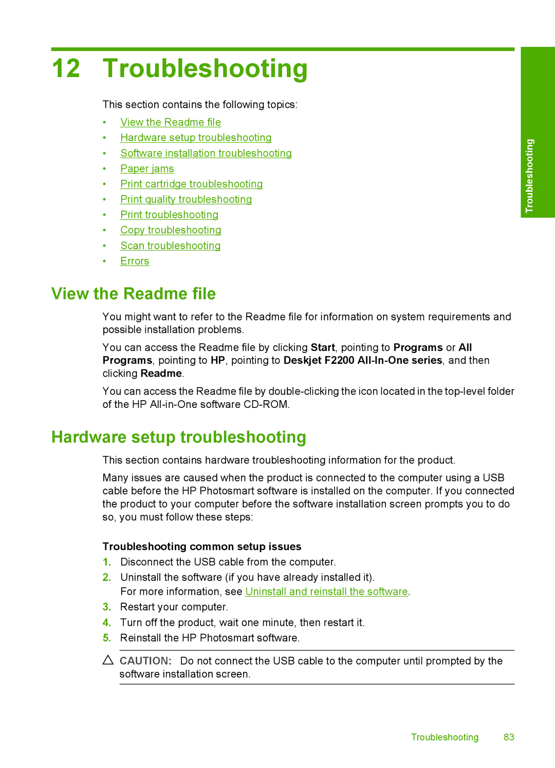 HP F2200 manual View the Readme file, Hardware setup troubleshooting, Troubleshooting common setup issues 