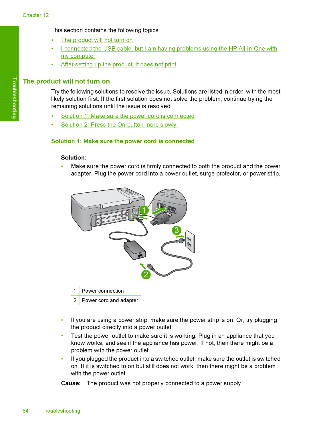 HP F2200 manual Product will not turn on, Solution 1 Make sure the power cord is connected 