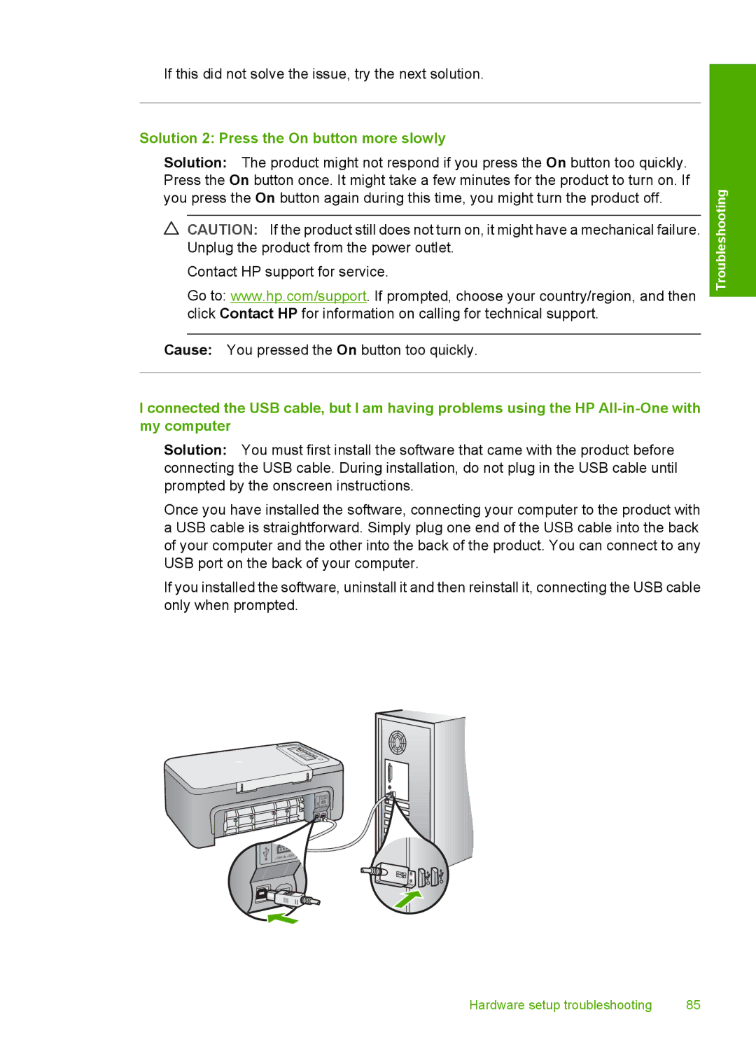 HP F2200 manual Solution 2 Press the On button more slowly 