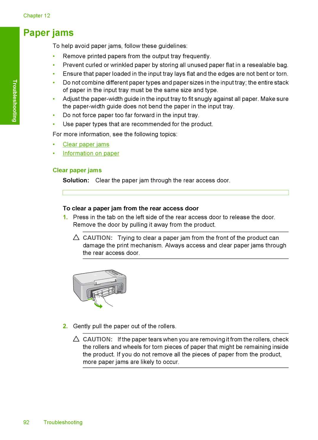 HP F2200 manual Paper jams, Clear paper jams, To clear a paper jam from the rear access door 