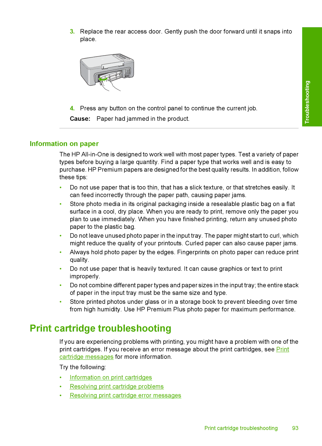 HP F2200 manual Print cartridge troubleshooting, Information on paper 