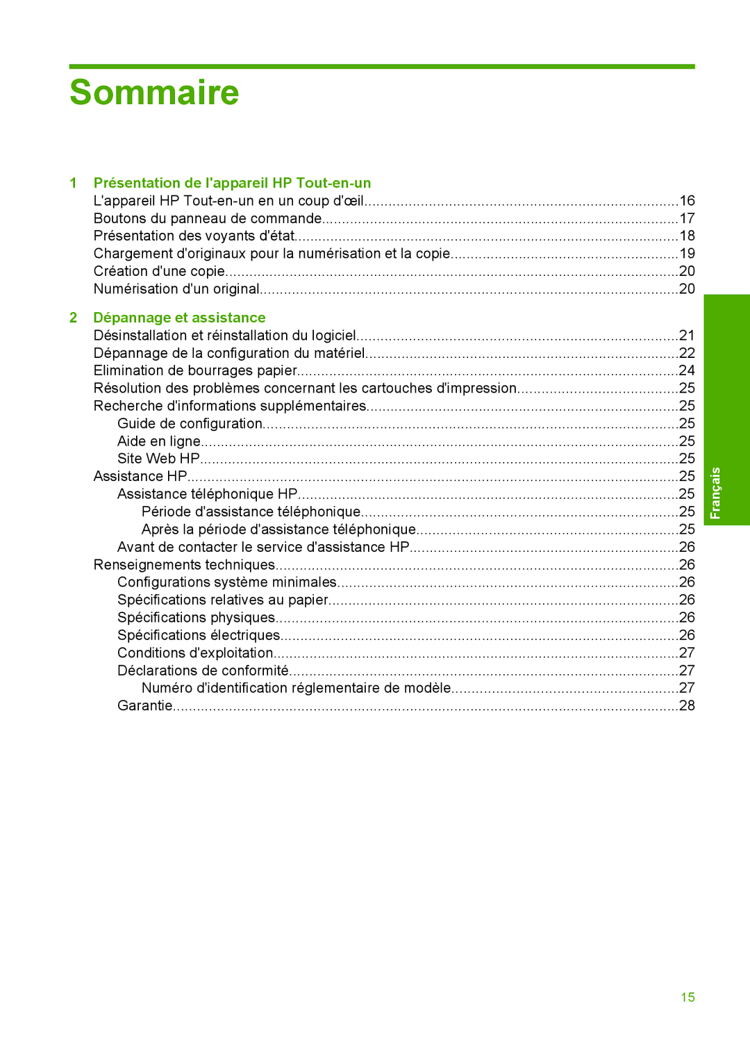 HP F2200 manual Sommaire, Présentation de lappareil HP Tout-en-un, Dépannage et assistance 