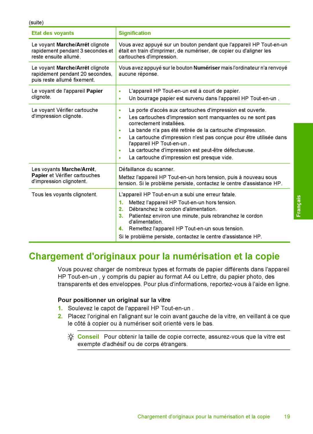 HP F2200 manual Chargement doriginaux pour la numérisation et la copie, Pour positionner un original sur la vitre 