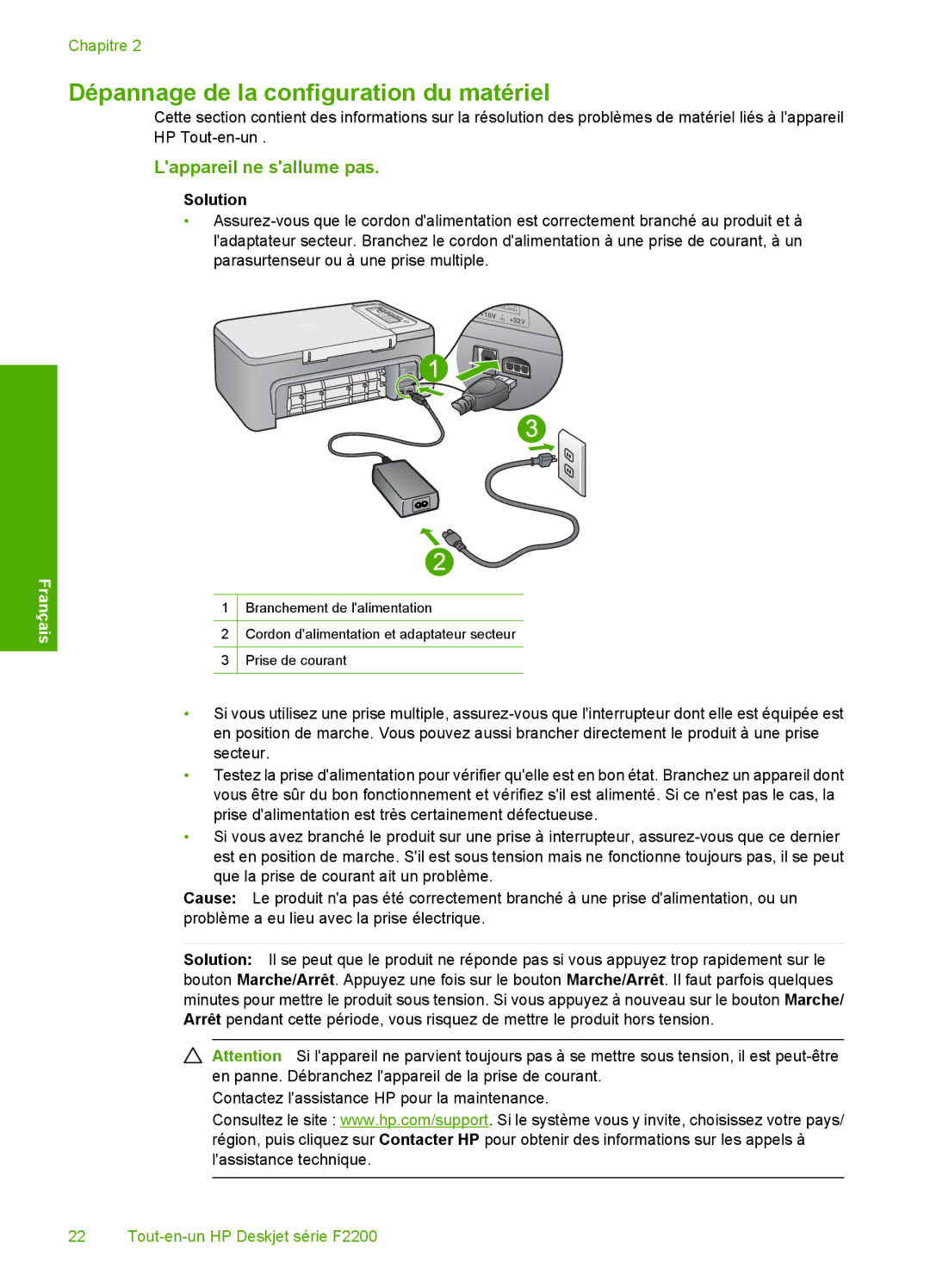 HP F2200 manual Dépannage de la configuration du matériel, Lappareil ne sallume pas 