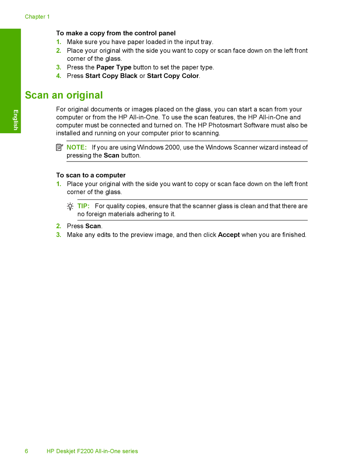 HP F2200 manual Scan an original, To make a copy from the control panel 