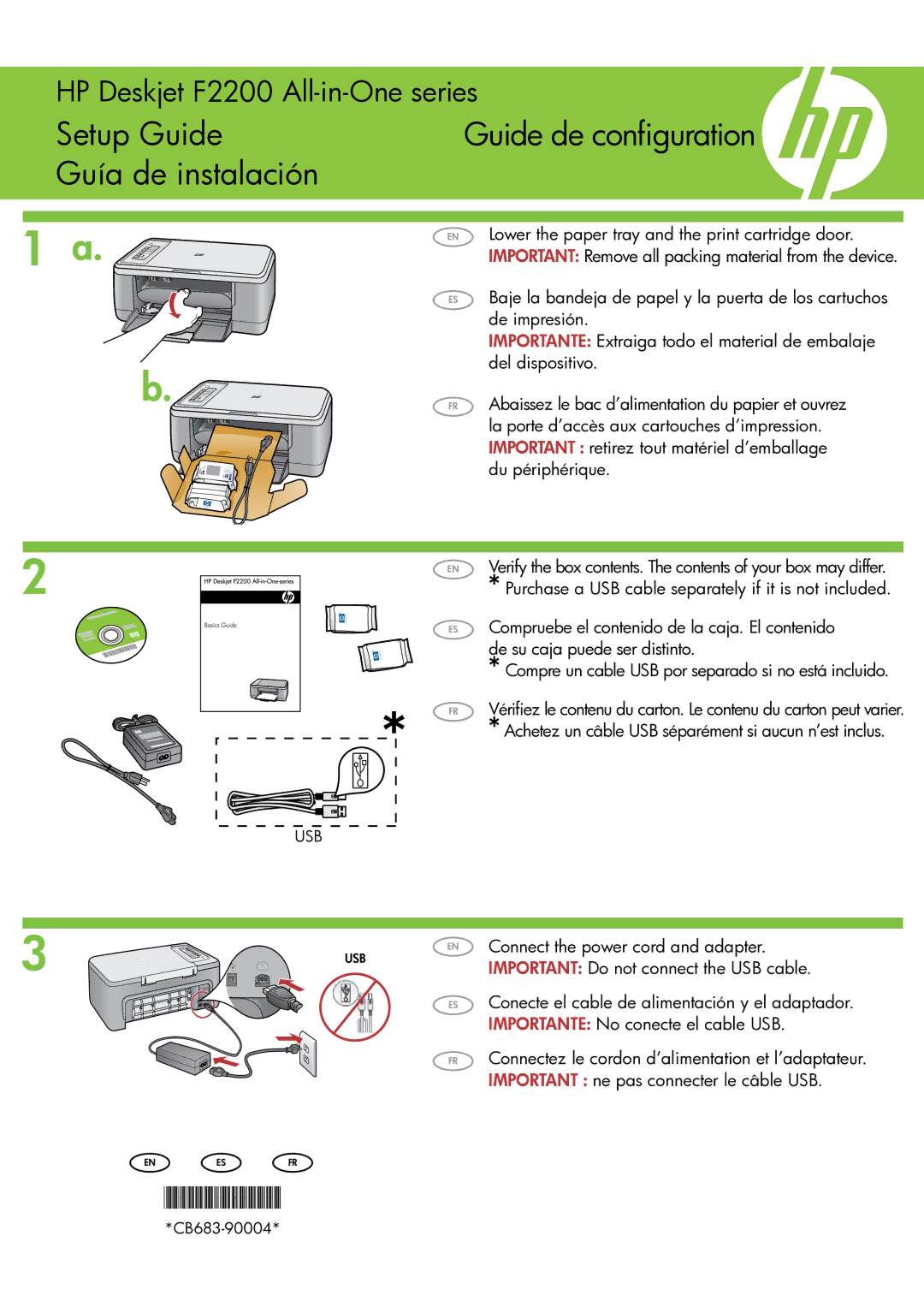 HP F2210, F2235 manual Setup Guide Guide de configuration Guía de instalación 