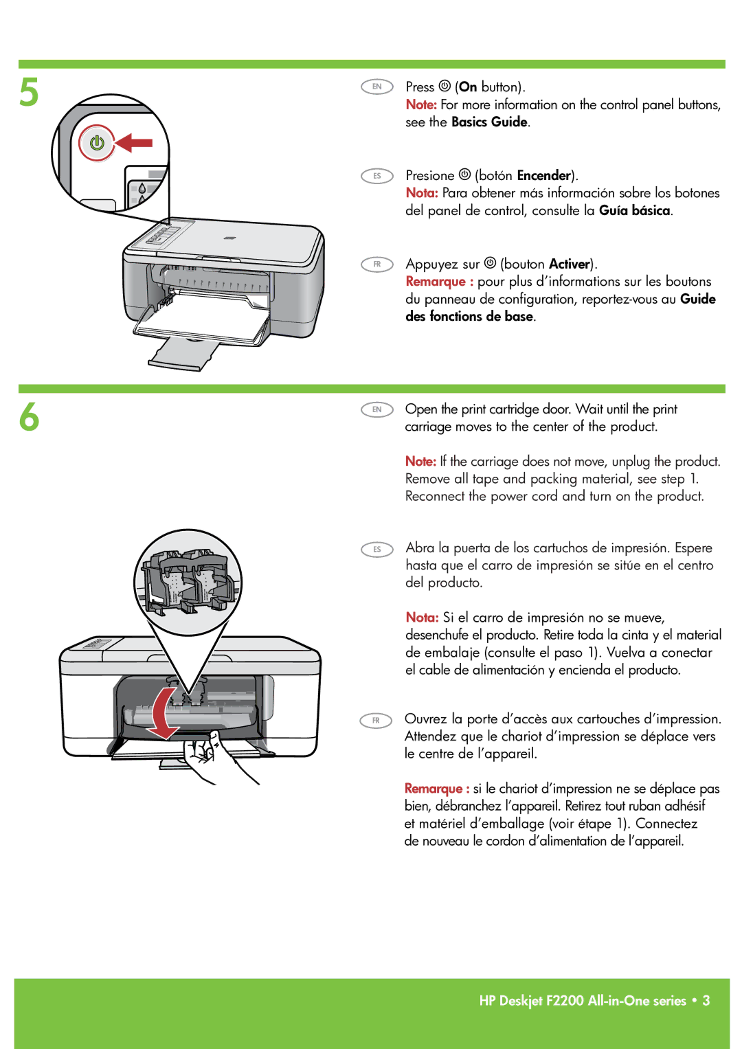 HP F2210, F2235 manual Appuyez sur bouton Activer, Carriage moves to the center of the product 