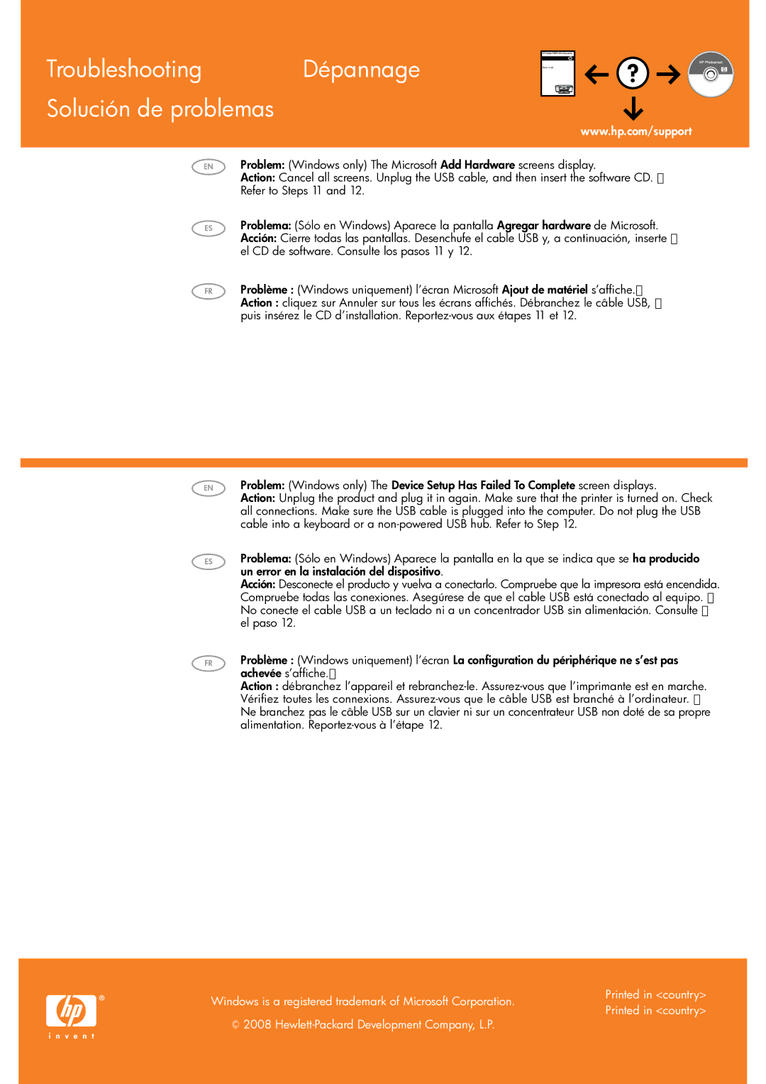 HP F2235, F2210 manual Troubleshooting Dépannage Solución de problemas 