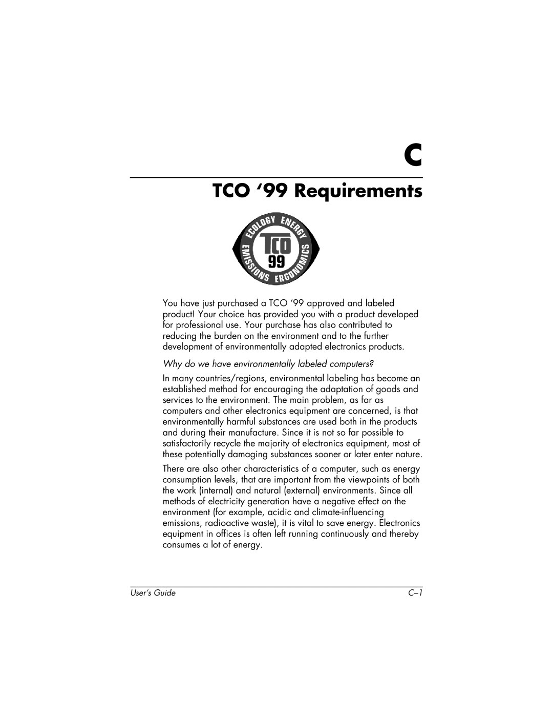 HP f2304 High Def manual TCO ‘99 Requirements, Why do we have environmentally labeled computers? 