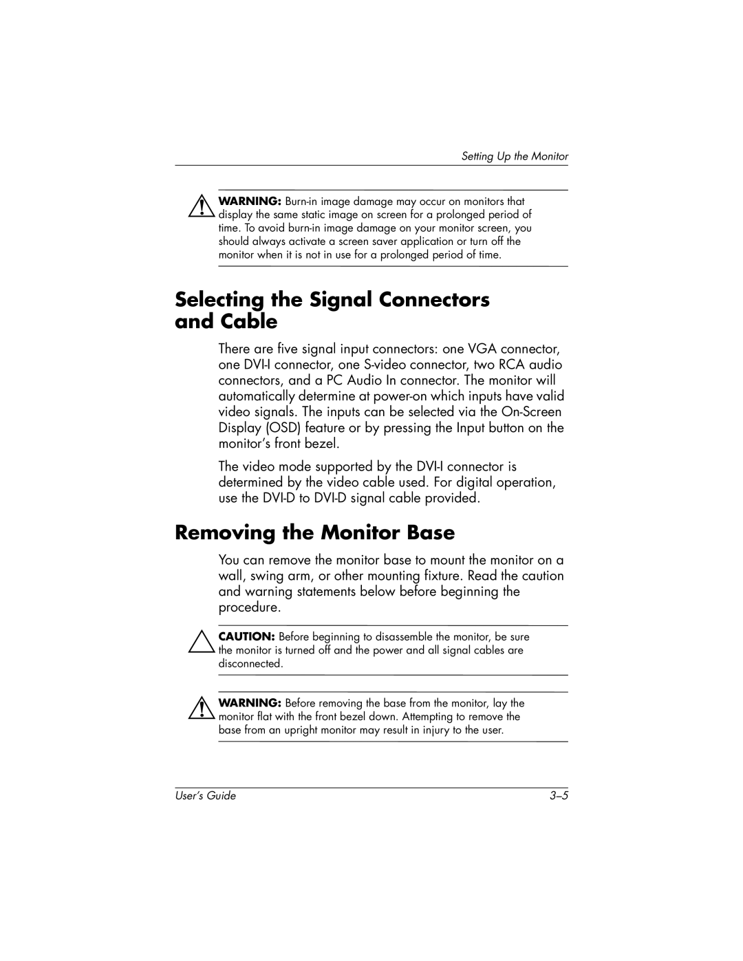 HP f2304 manual Selecting the Signal Connectors and Cable, Removing the Monitor Base 