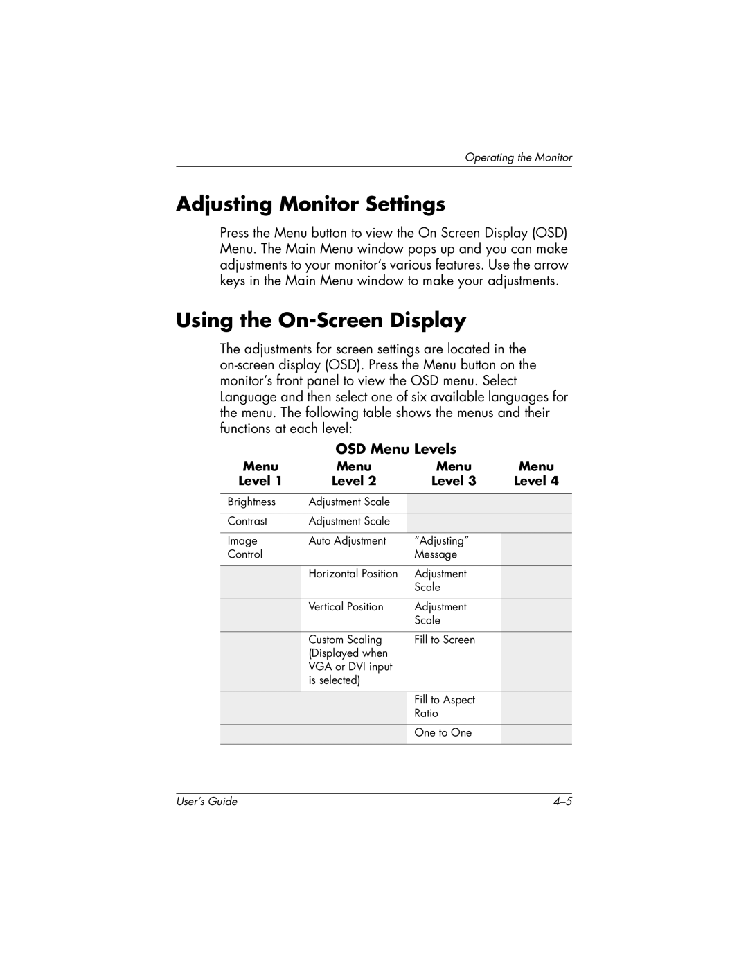 HP f2304 manual Adjusting Monitor Settings, Using the On-Screen Display 