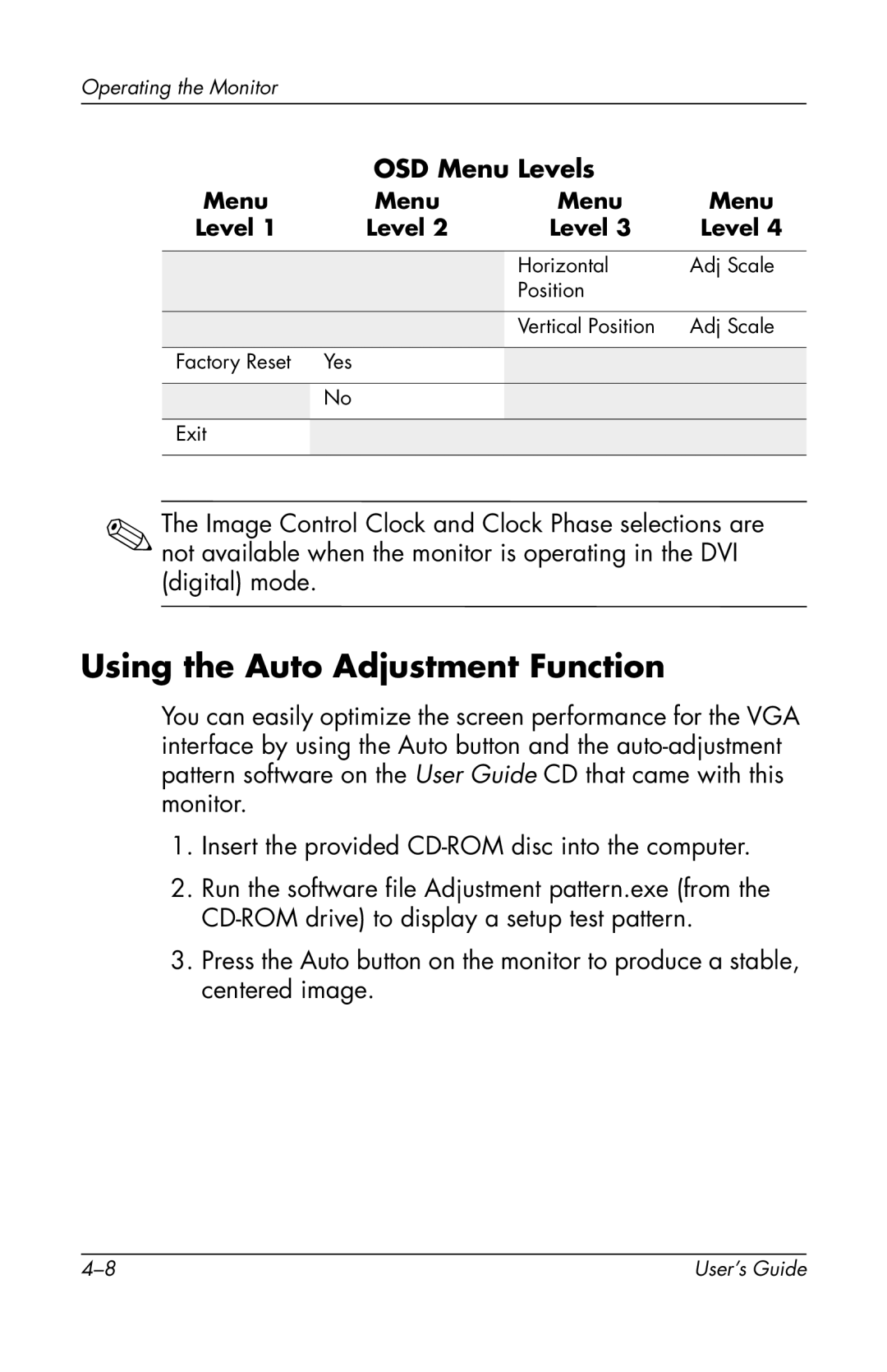 HP f2304 manual Using the Auto Adjustment Function 