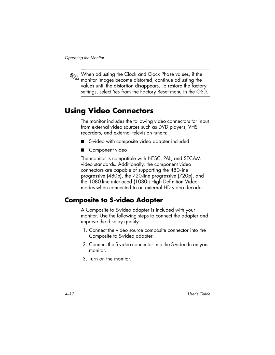 HP f2304 manual Using Video Connectors, Composite to S-video Adapter 