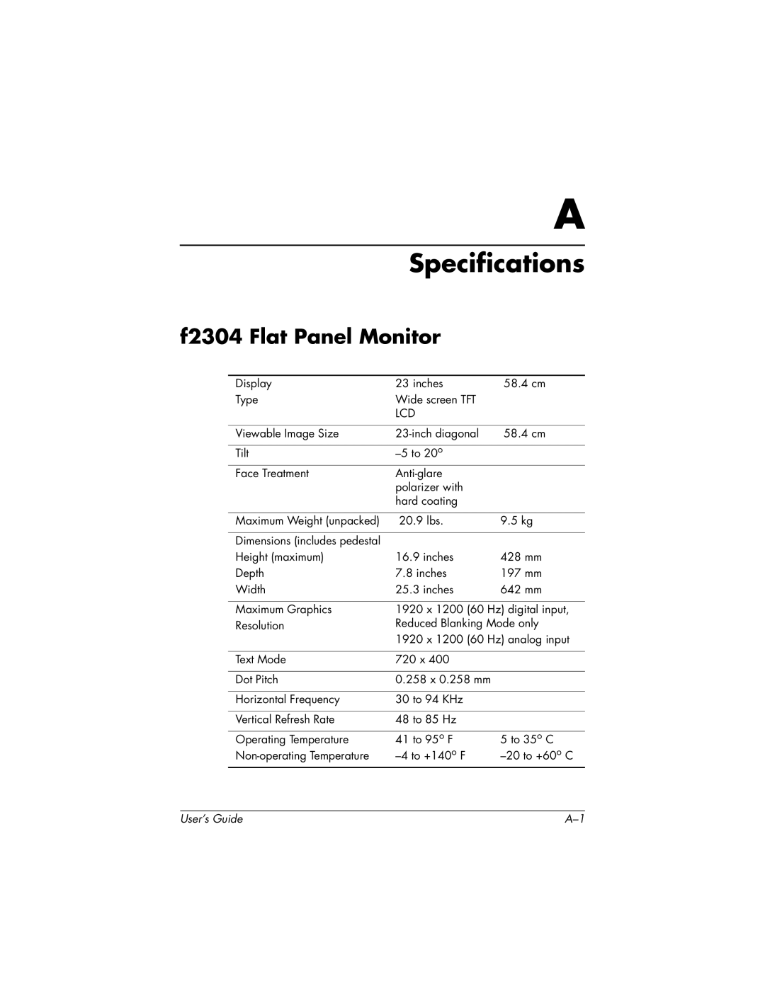 HP f2304 manual Specifications, F2304 Flat Panel Monitor 